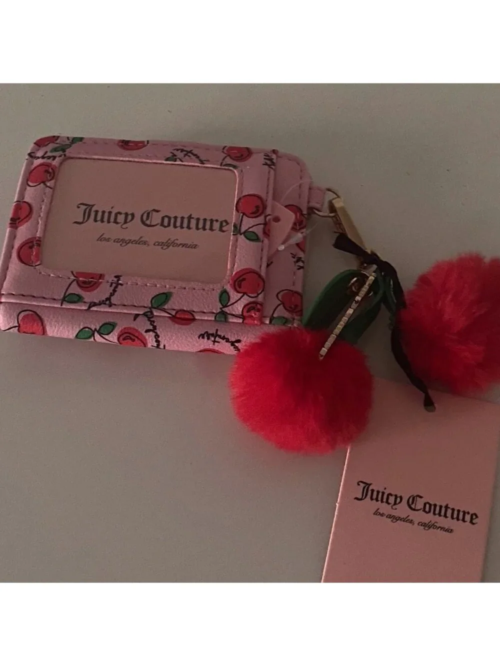 Juicy Couture Cherry Girl CC Wallet W/Back Window Flamingo  W/Charm Pom Pom NEW